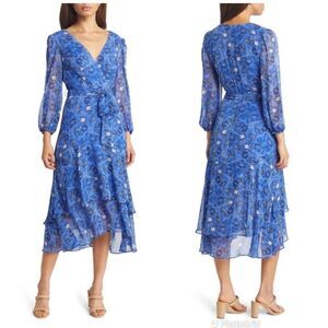 ELIZA J Blue Floral Chiffon Midi Dress Long Sleeve Faux‎ Wrap Belted Size 2 New